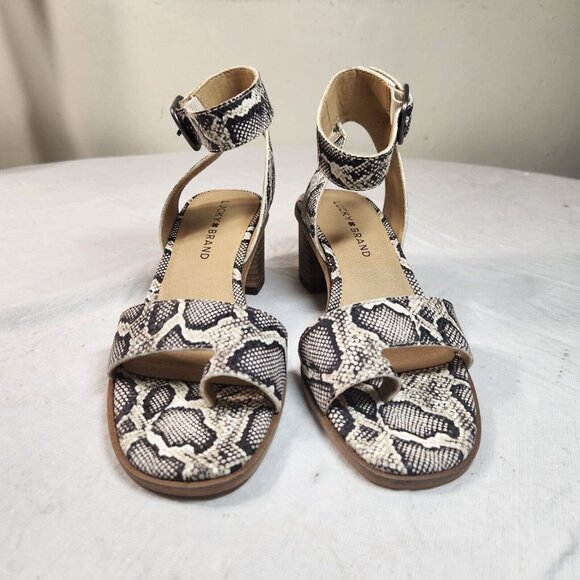 Lucky Brand Size 7.5 Women' Sandals Loklin Snake Print Ankle Strap Brown (32) - Picture 8 of 11